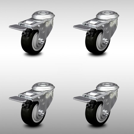 Service Caster 3 Inch SS Black Polyurethane Swivel Bolt Hole Caster Set with Total Lock Brake SCC-SSBHTTL20S314-PPUB-BLK-4